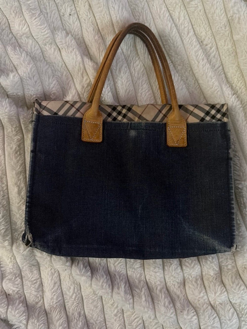 Burberry Navy Denim Tote with Tan Leather Handles and House Check Trim